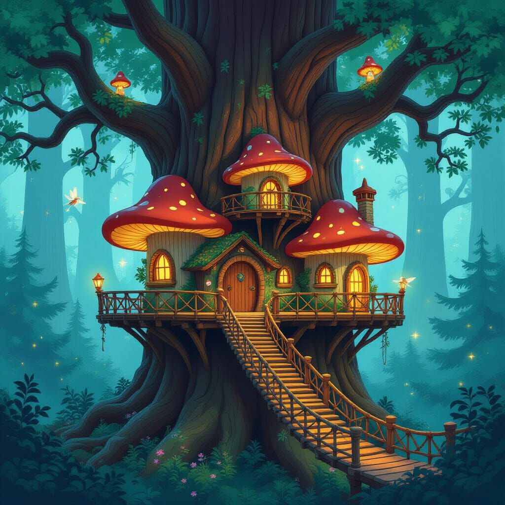 Enchanted Treehouse Village in Giant Redwood, Fantasy Illust...