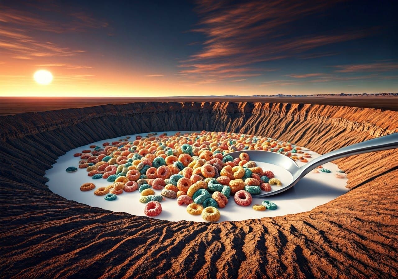Barringer Crater Transformed into Cereal Bowl, Surreal Pop A...