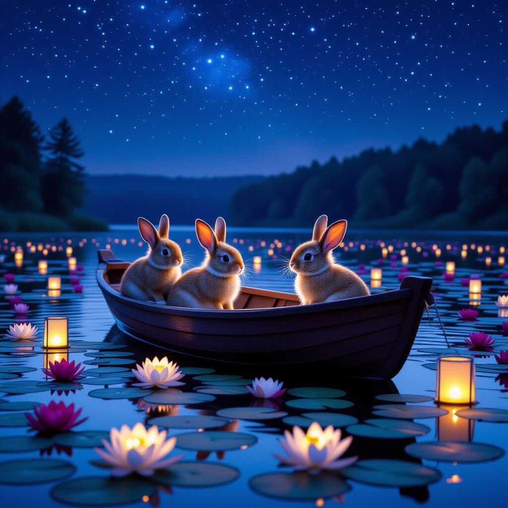 Bunnies on a Boat at Night
