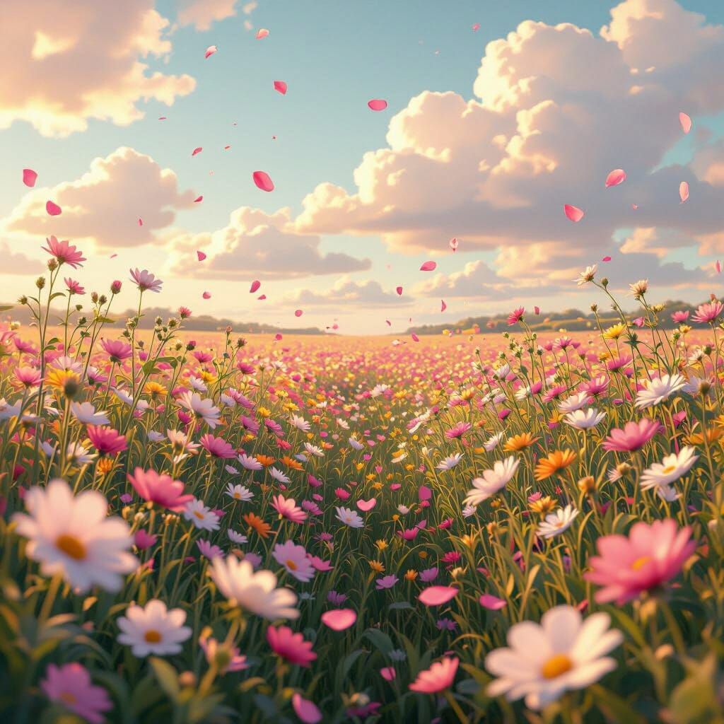 Dreamy Flower Field with Pastel Sky in Anime Style
