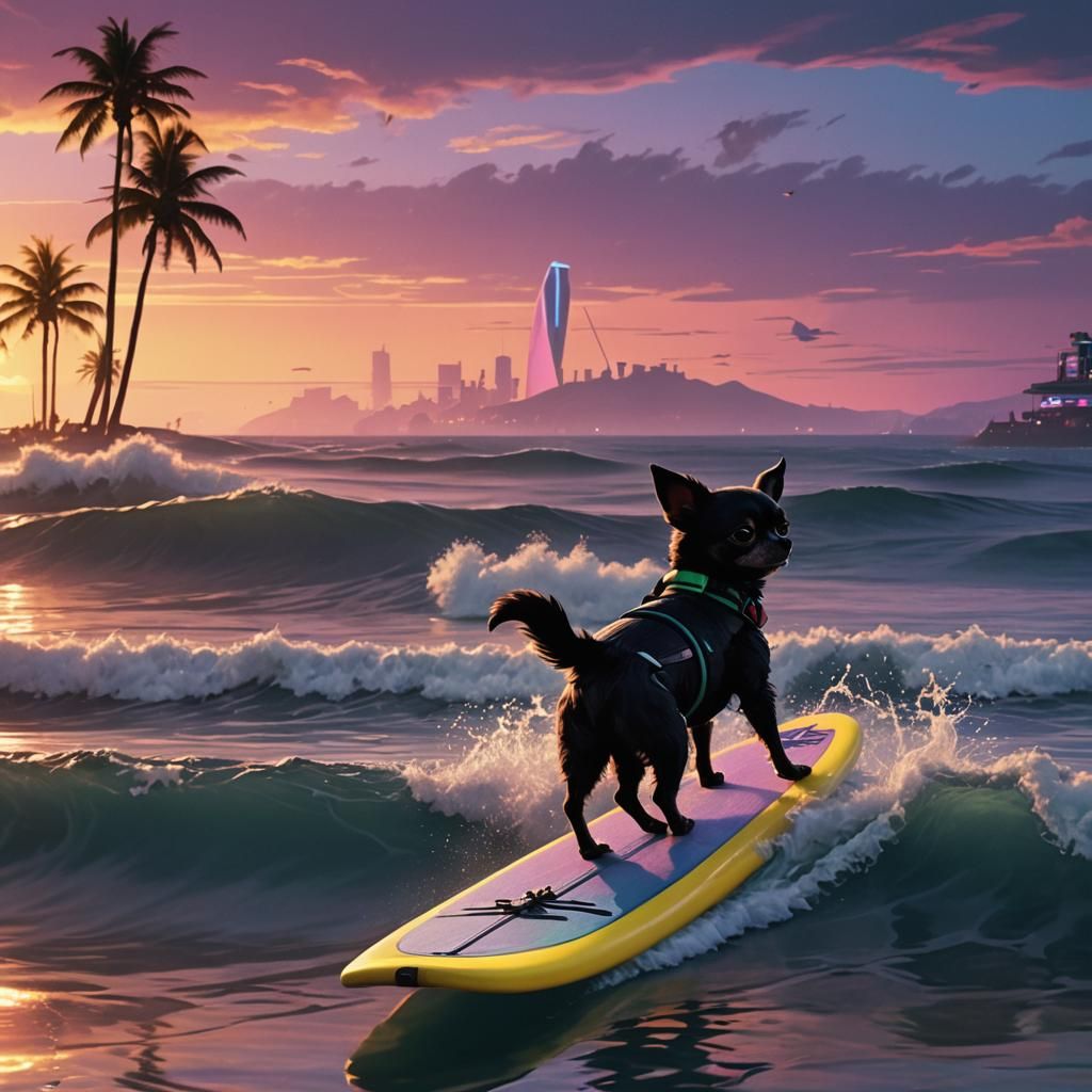 Cyberpunk Chihuahua Surfing Dreamlike Sunset Wave