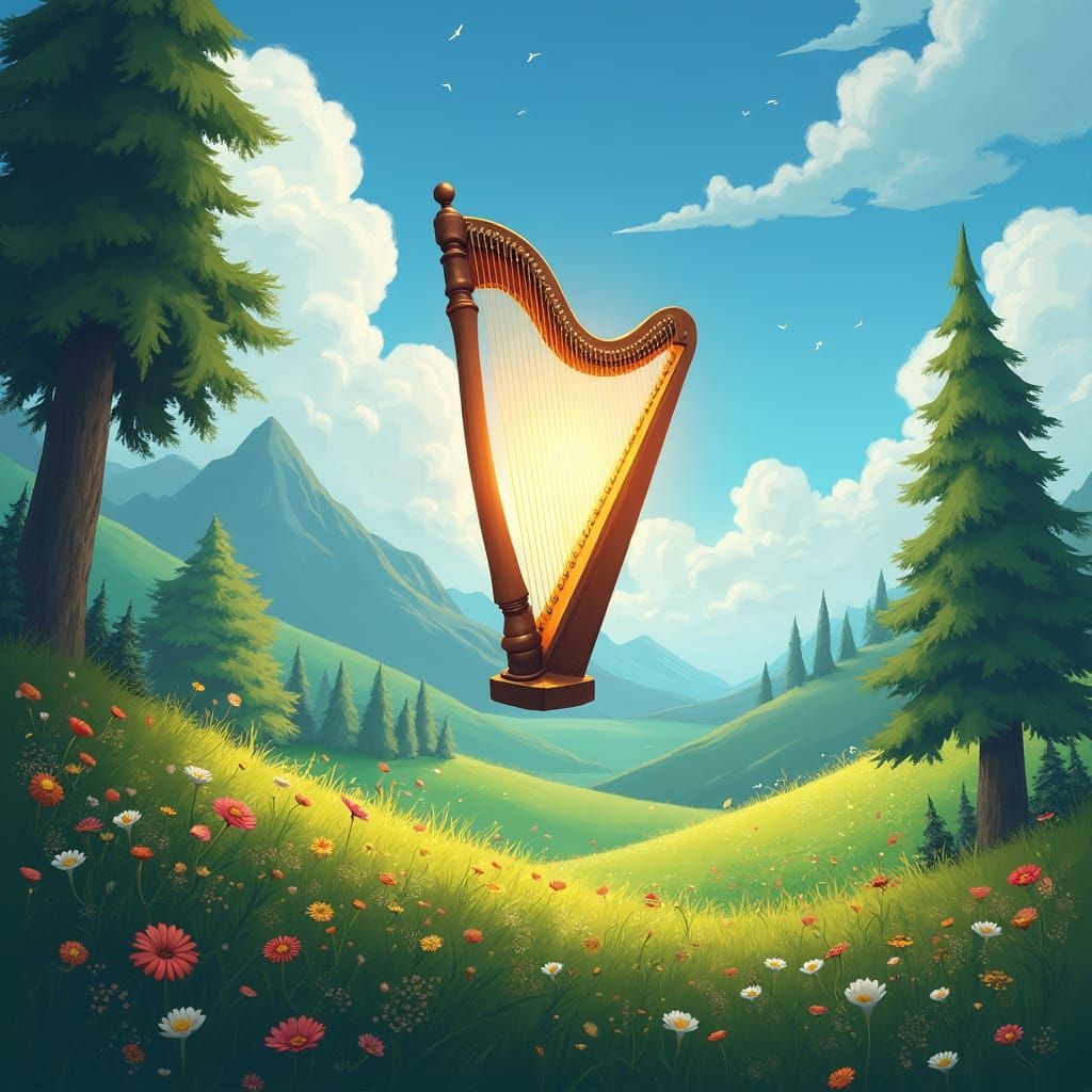 Ethereal Autoharp Radiates Light Above Green Meadow