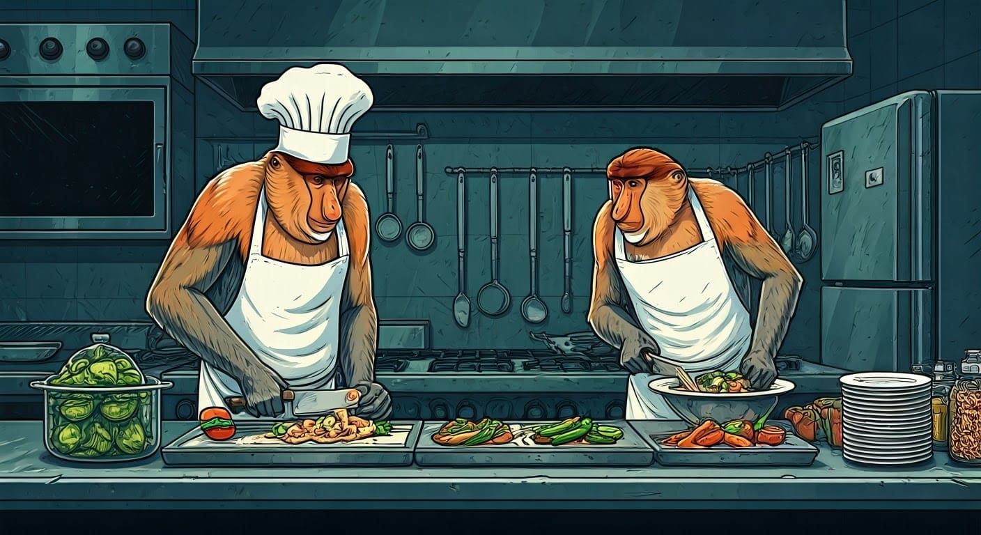 Proboscis Monkeys in Chef Hats Prepare Culinary Masterpiece