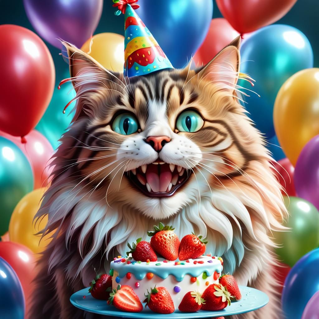 Happy Cat Celebrates Birthday with Cake