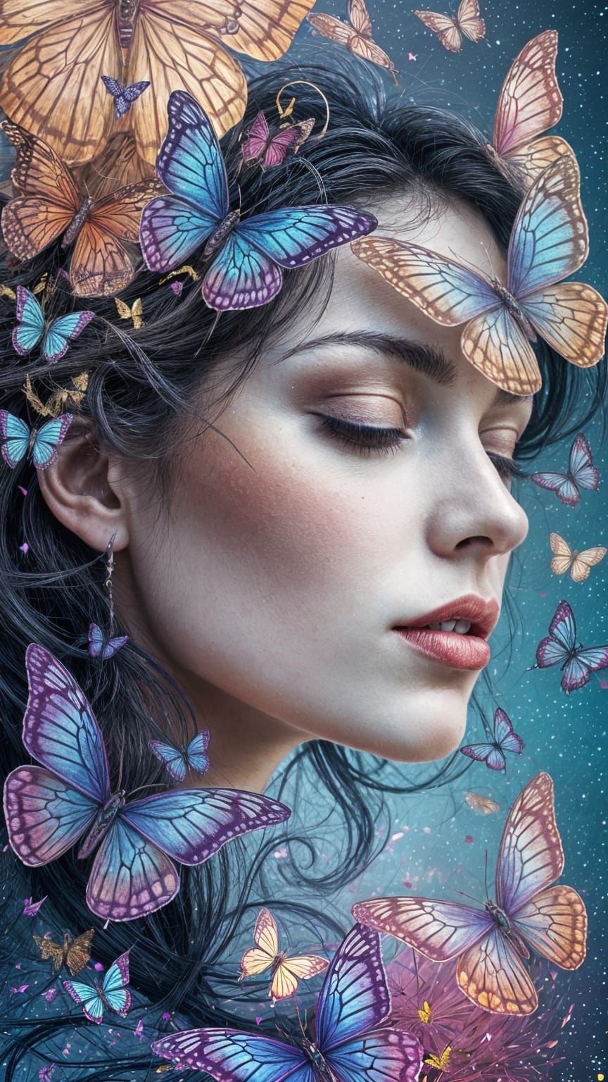 Surreal Portrait with Iridescent Butterflies Aura