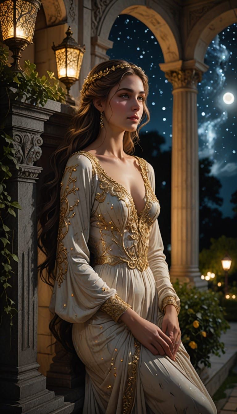Elegant Woman in Moonlit Garden, Dreamlike Silk Gown