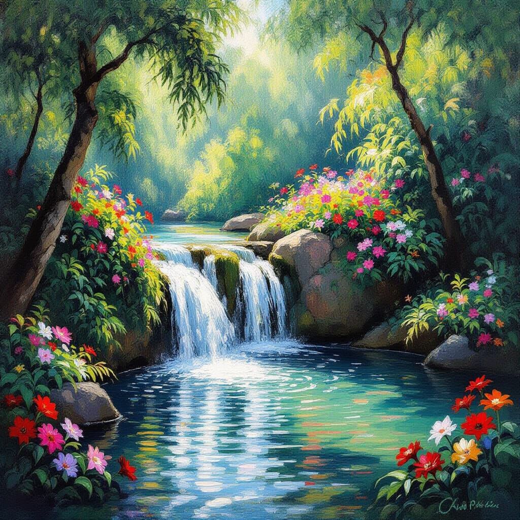 Serene Waterfall and Exotic Flowers in Impressionist Style
