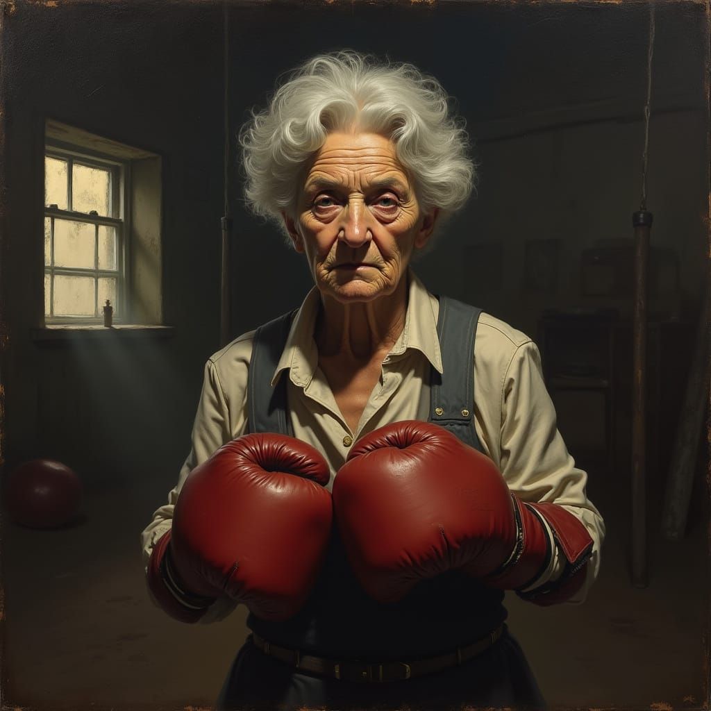 Elderly Woman in Boxing Gloves, Expressive Oil Painting