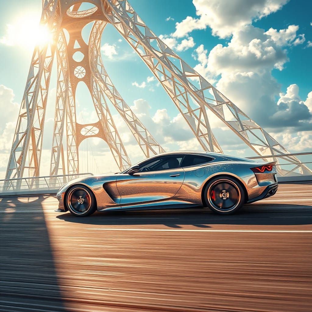 Futuristic Sports Car on Crystalline Bridge