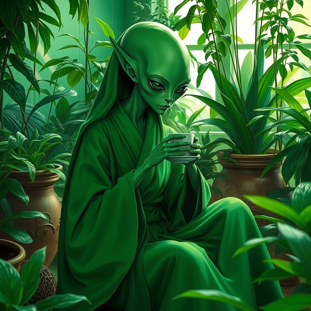 Green Alien in Lush Room Drinks Green Tea