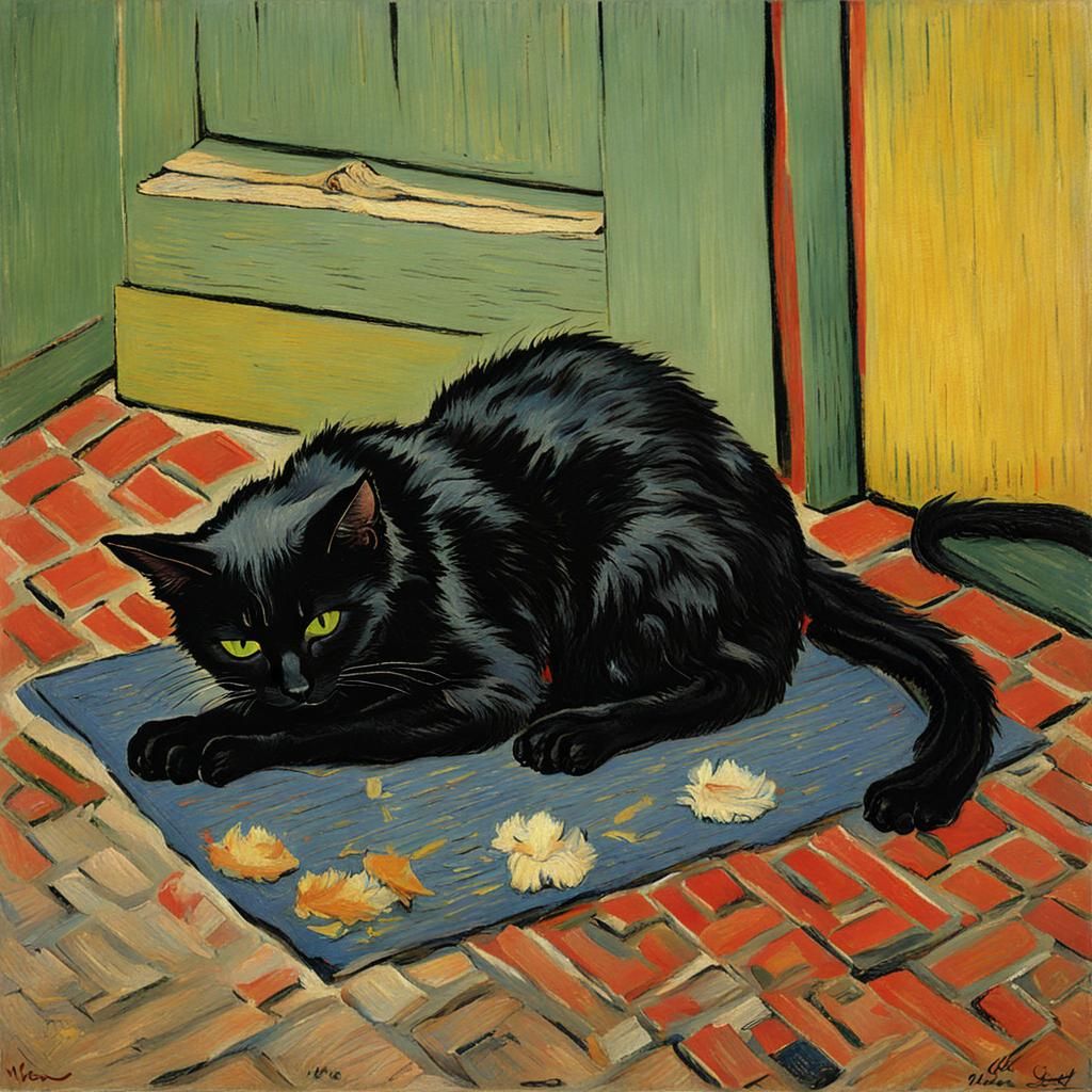 Black Cat Scratching Mat in Van Gogh Style