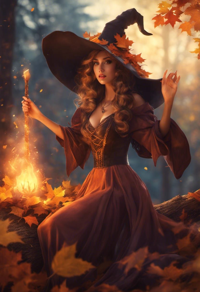 Beautiful Witch Casting Spell in Autumn Forest