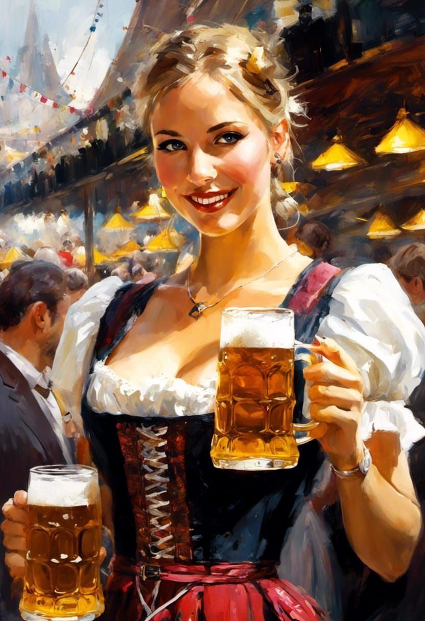 Oktoberfest Waitress Serving Beer in Detailed Matte Painting