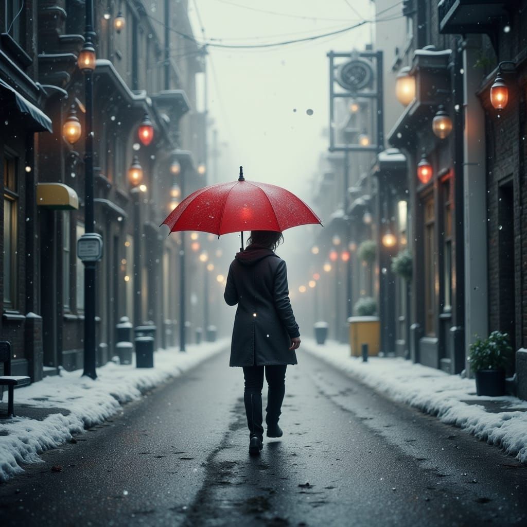 Fire-Red Umbrella on Snowy Street: Cinematic Composition