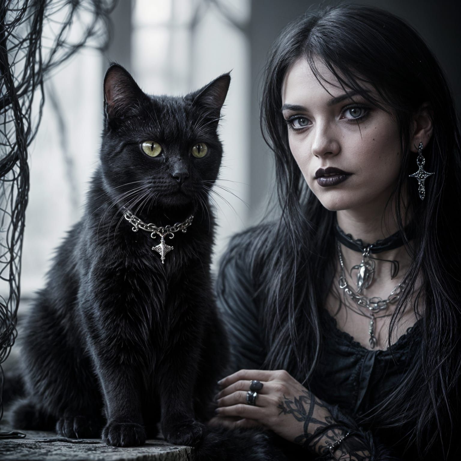 Moody Goth Cat and Owner Portrait