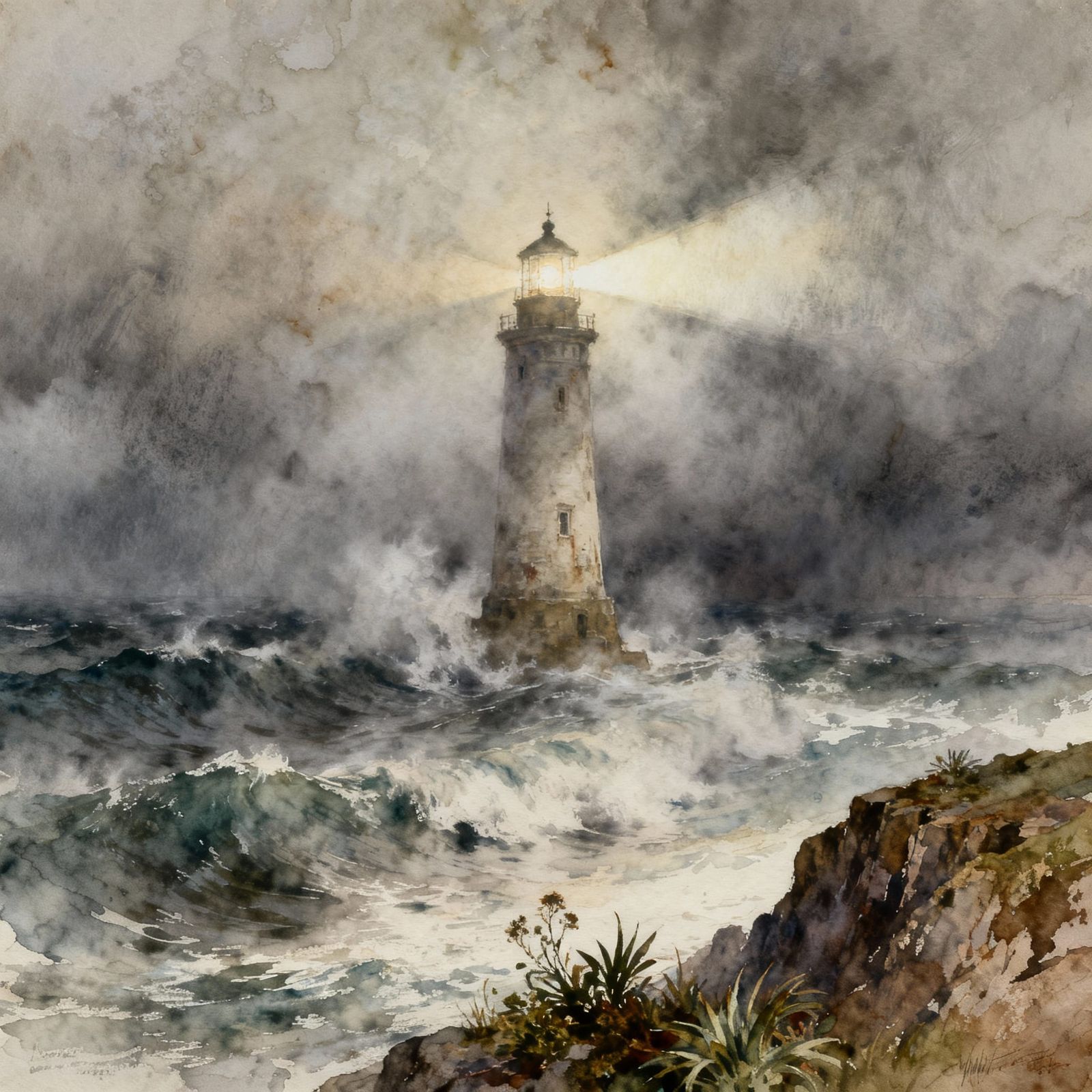 Ancient Lighthouse Pierces Fog in Stormy Watercolor