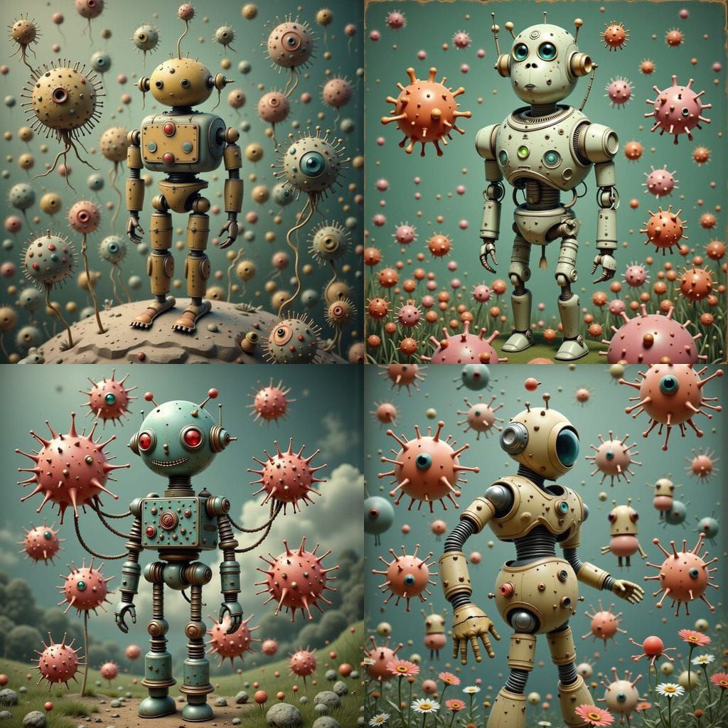 Surreal Vintage Robot Child Soldier in Bacteria Swarm