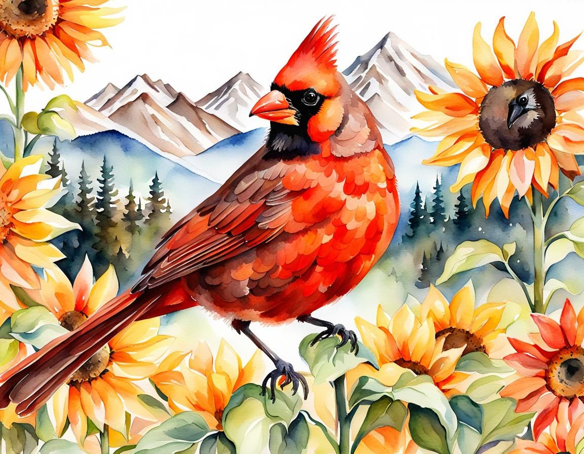 Watercolor Cardinal in Sunflower Field