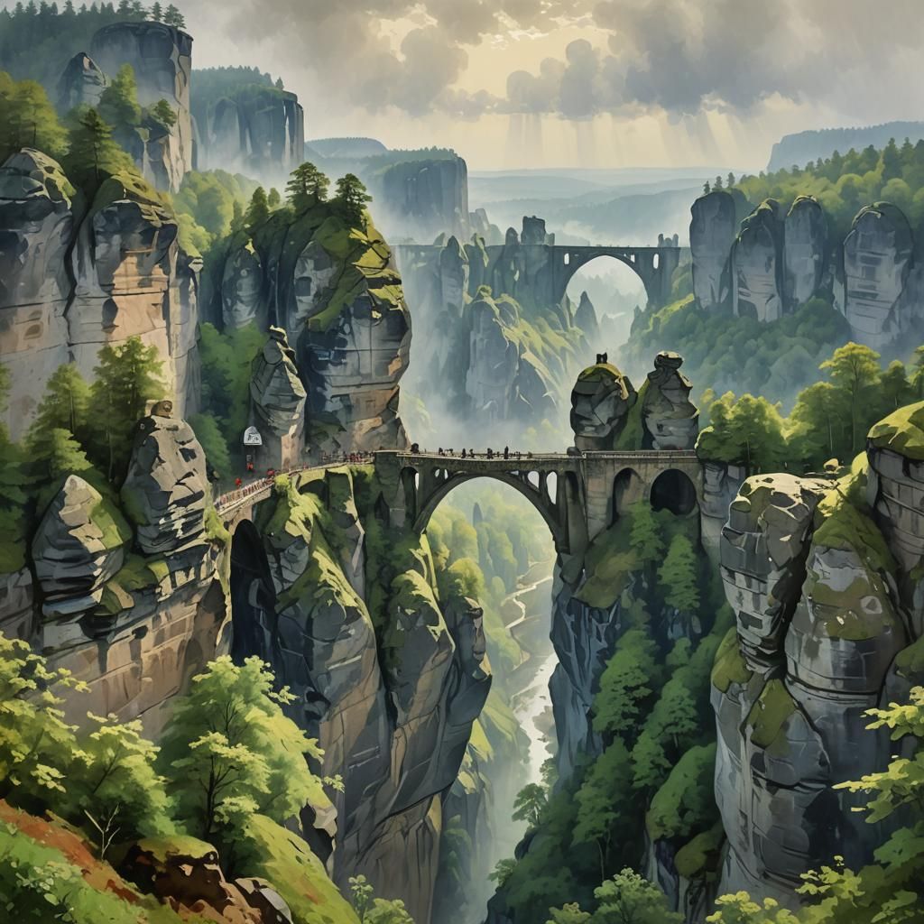 Breathtaking Bastei Bridge in Saxon Switzerland's Misty Gorg...