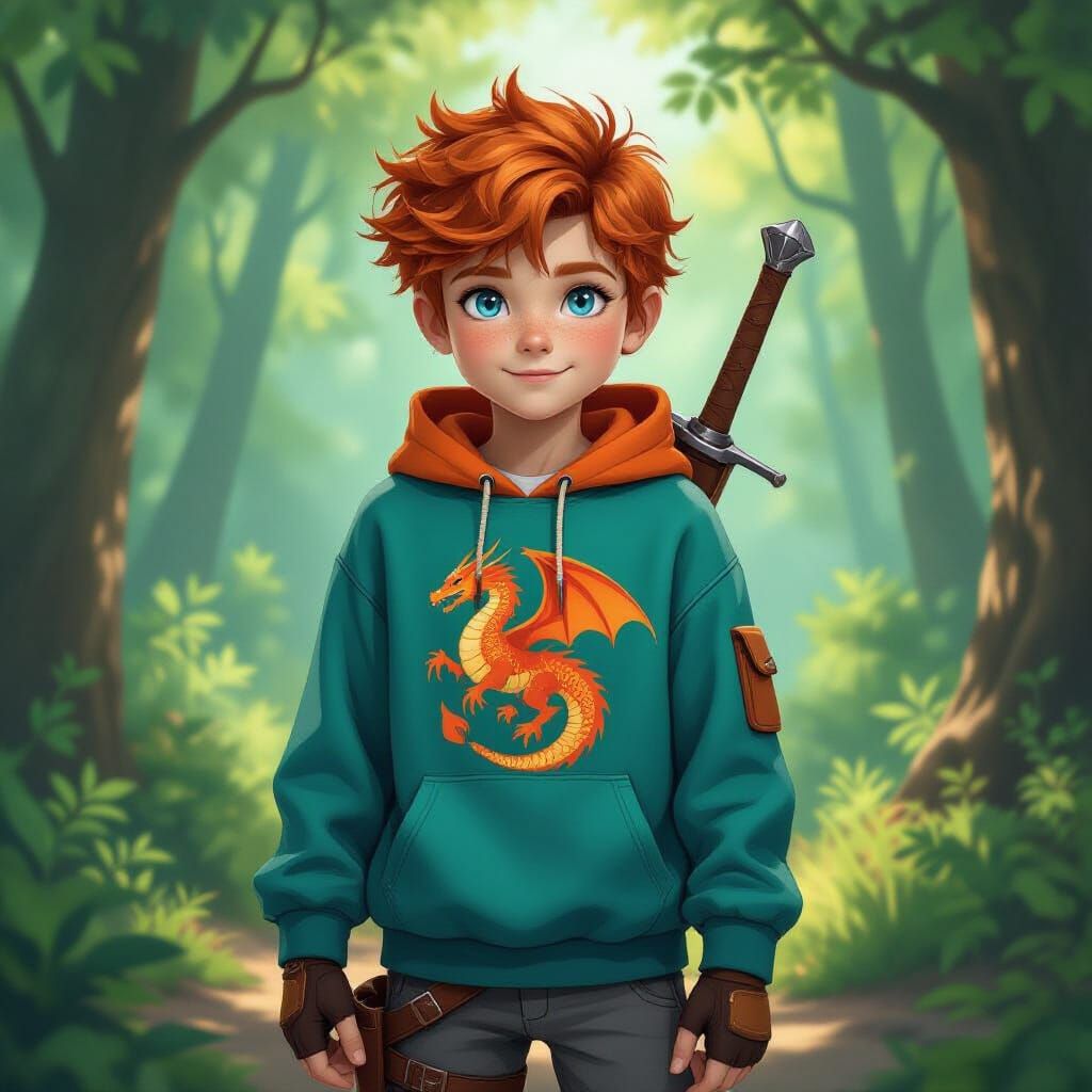 Boy with Red Hair and Dragon Sweatshirt in Forest