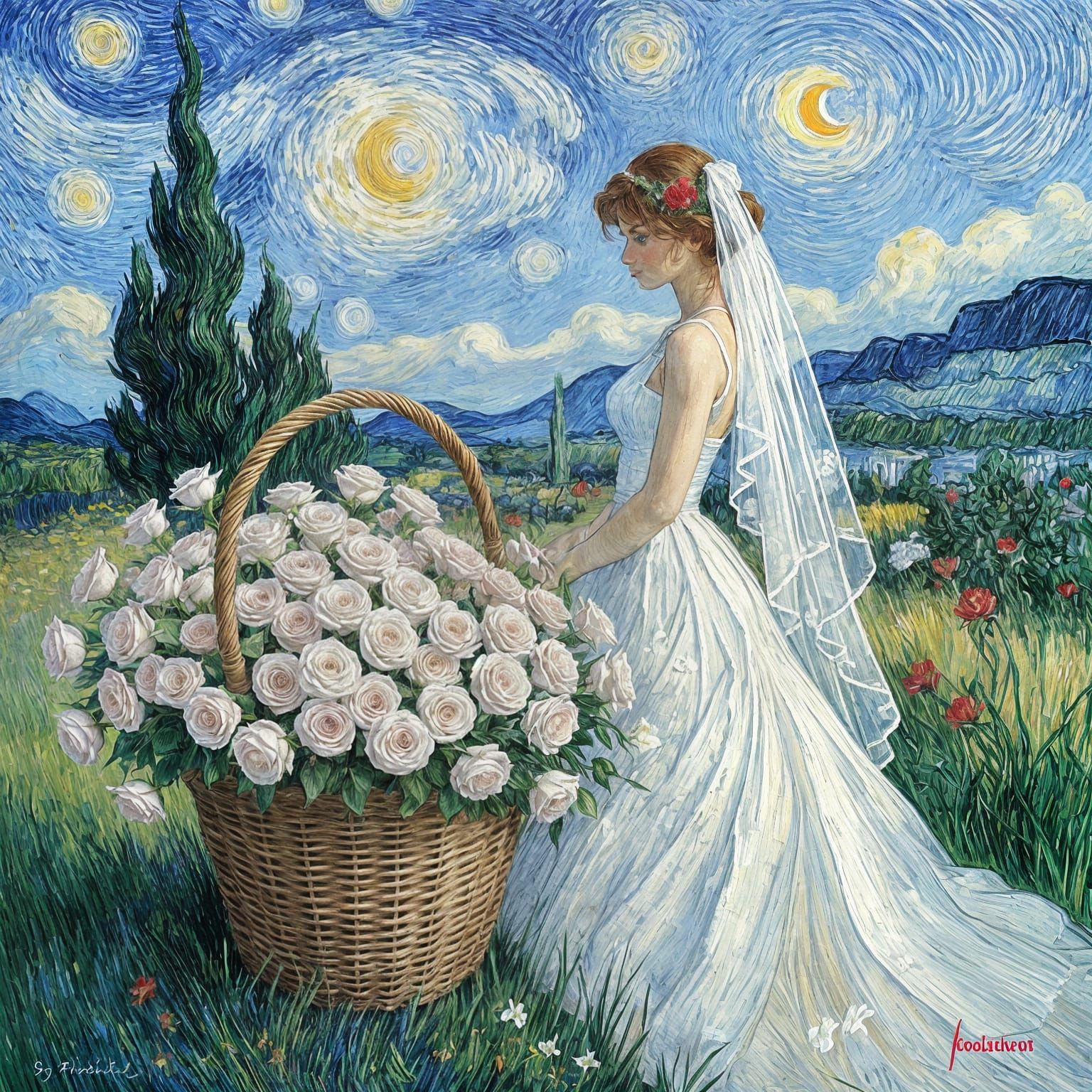 Red Roses Basket at Wedding in Van Gogh Style