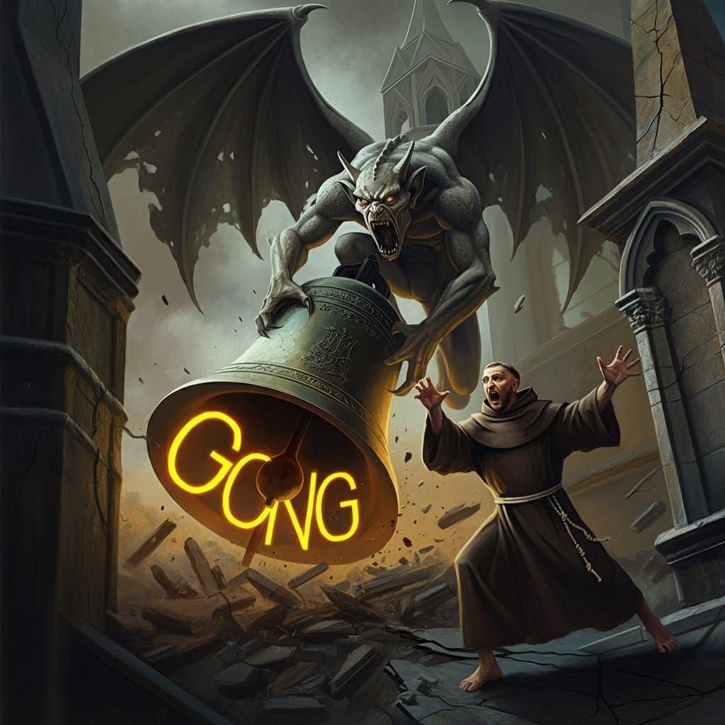 Gargoyle Assaults Monk: Simple Digital Art