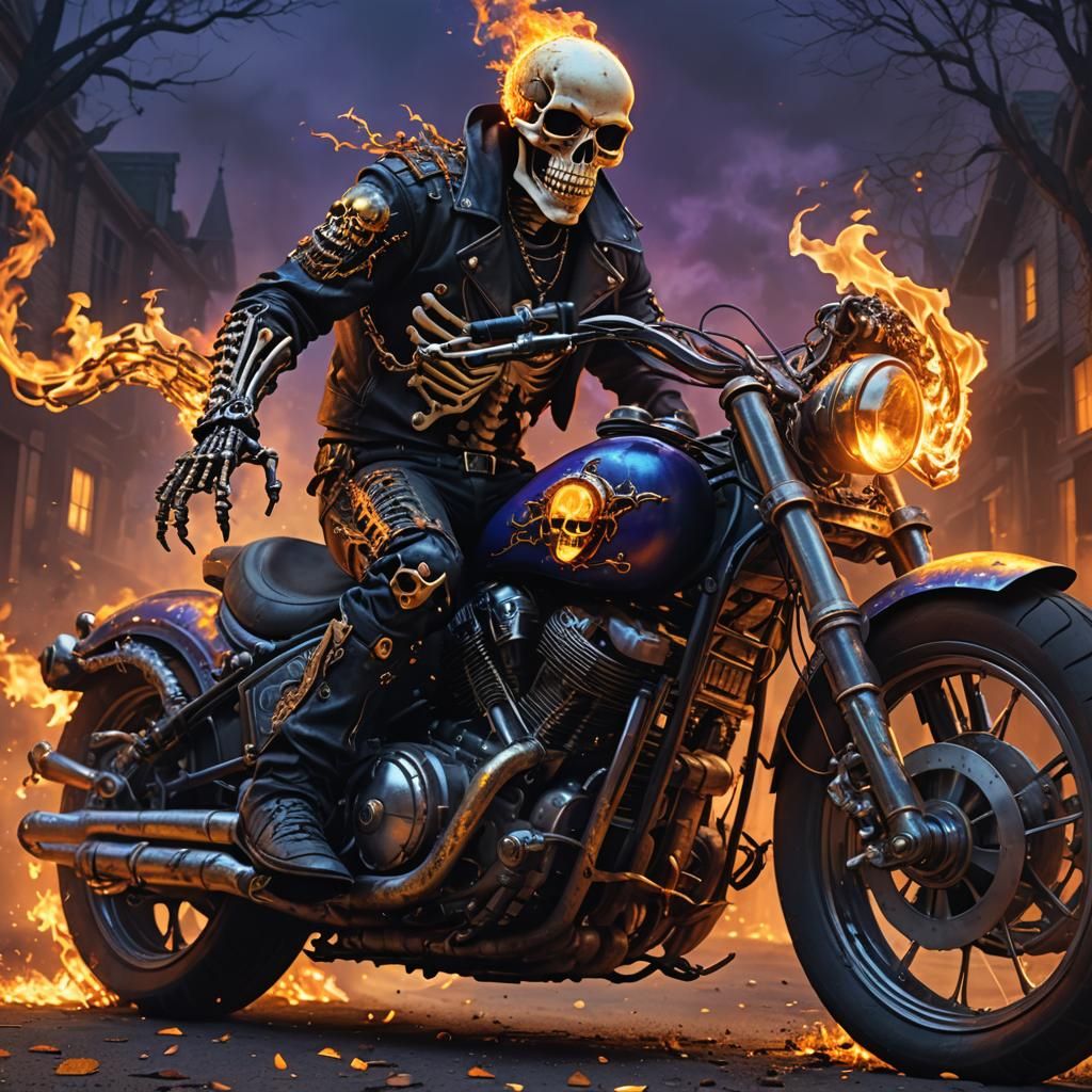Flaming Skull Skeleton Rides Motorcycle: Gothic Fantasy Art