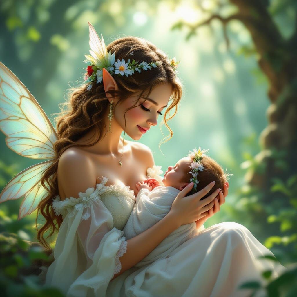Forest Fairy Cradles Newborn in Dreamlike Fantasy Scene