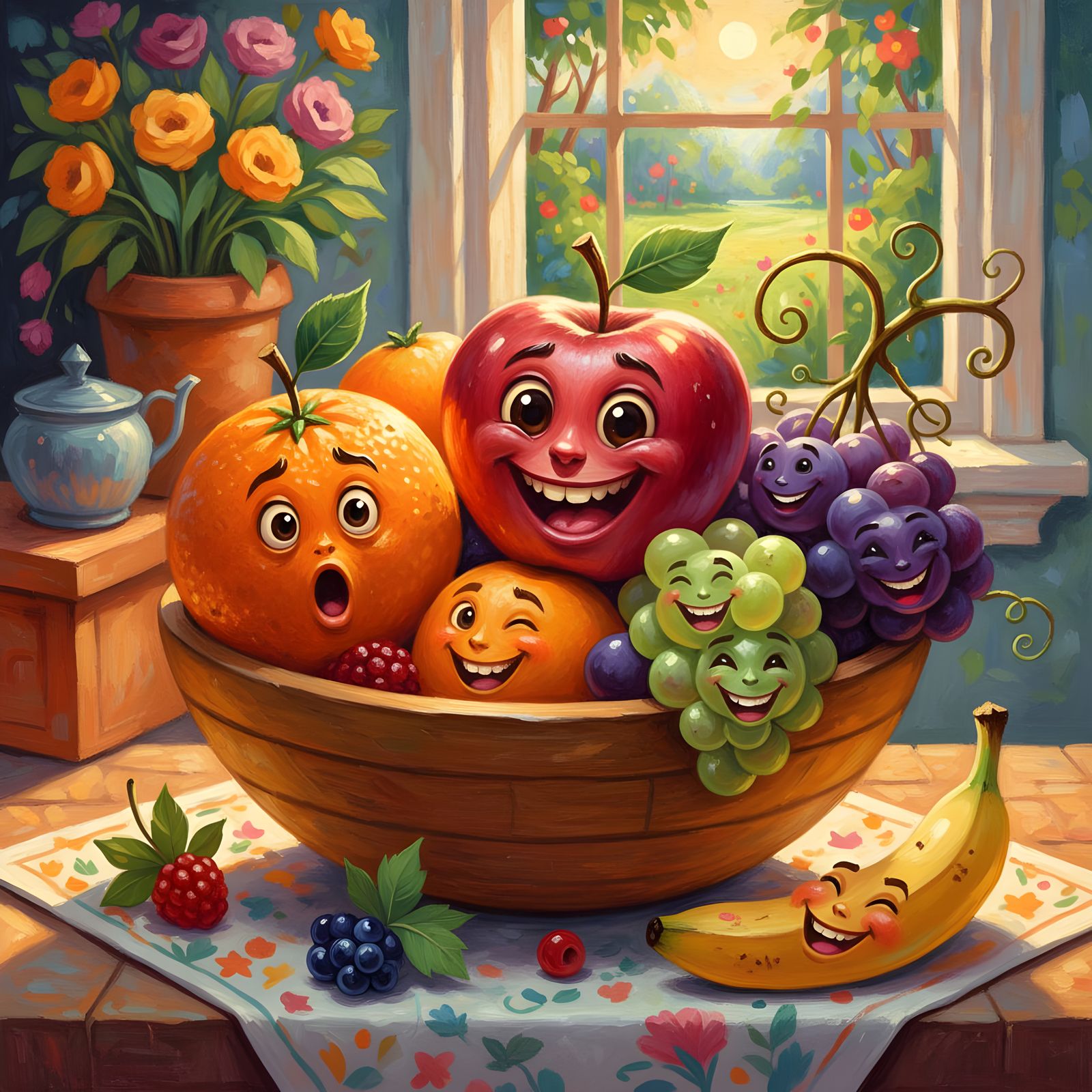 Playful Fruit Faces in Vibrant Still Life Art