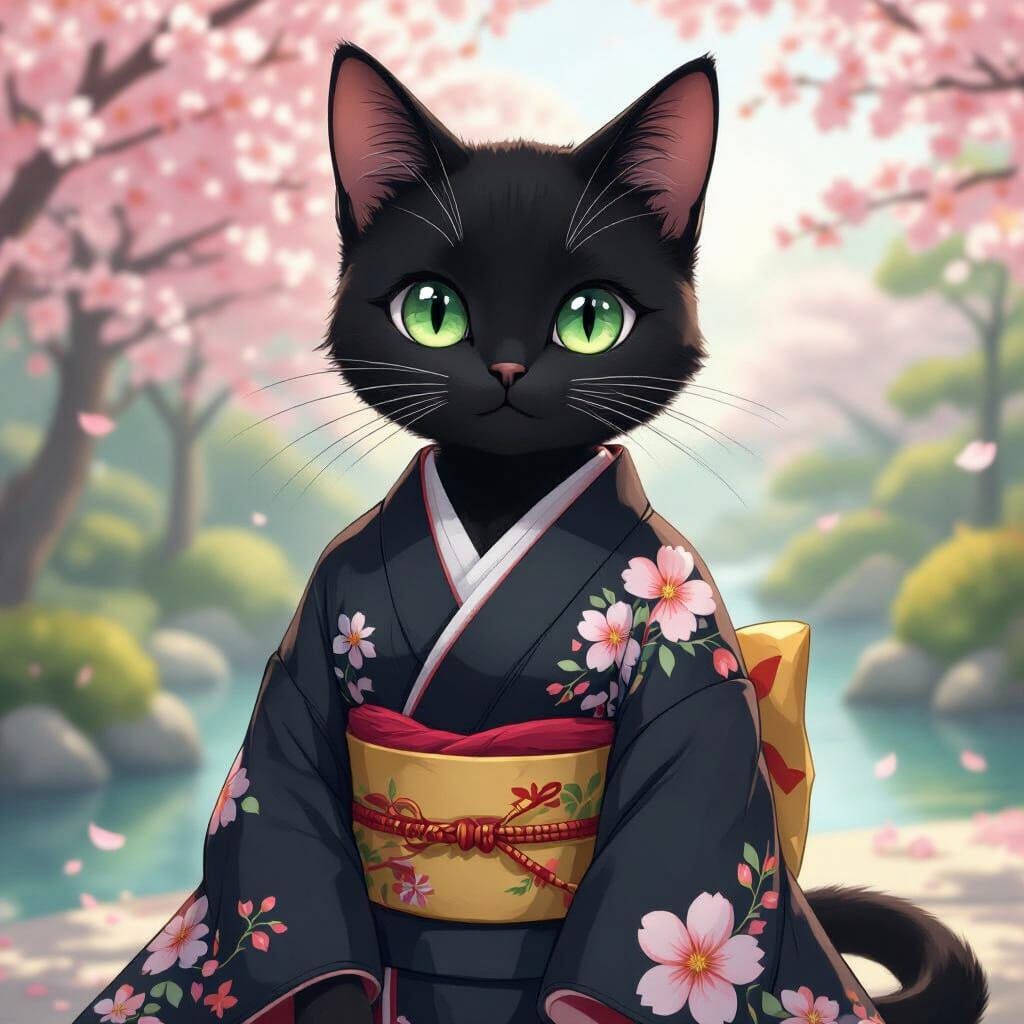 Black Cat in Kimono: Vibrant Anime Style
