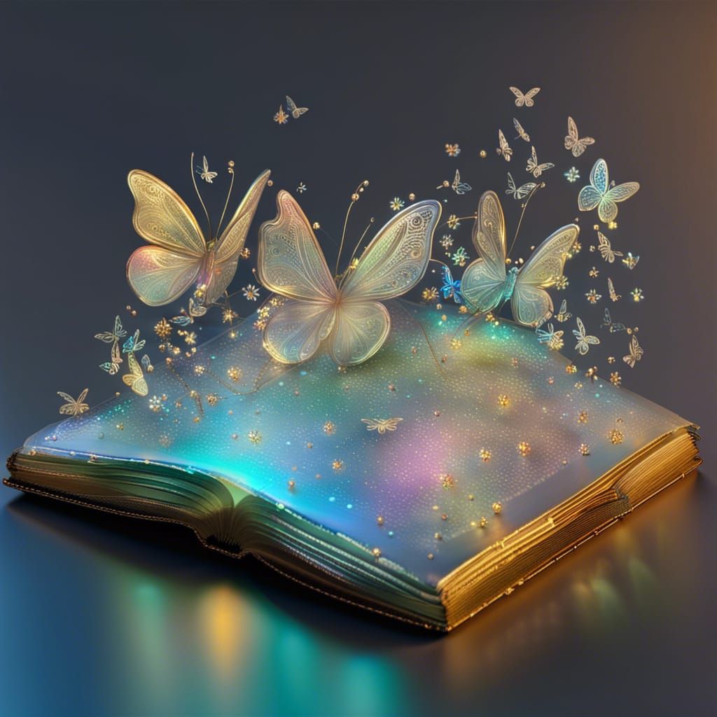 Iridescent Glass Book with Butterflies: Holographic Art
