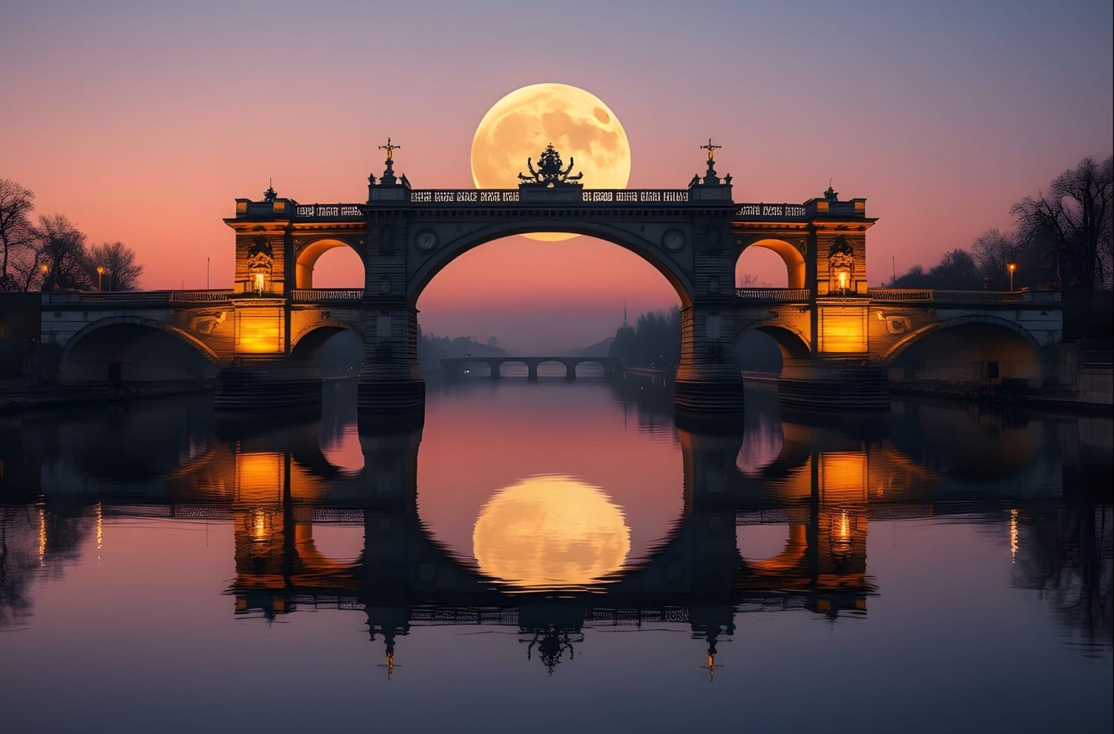 Magnificent Moonlit Bridge Reflection at Dusk