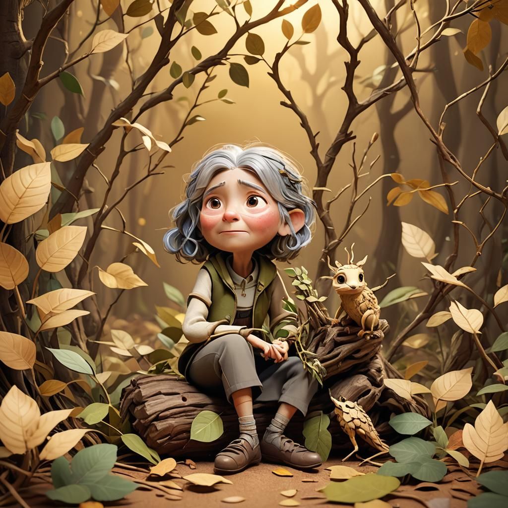 Pixar-Style Senior Woman and Twig Creature