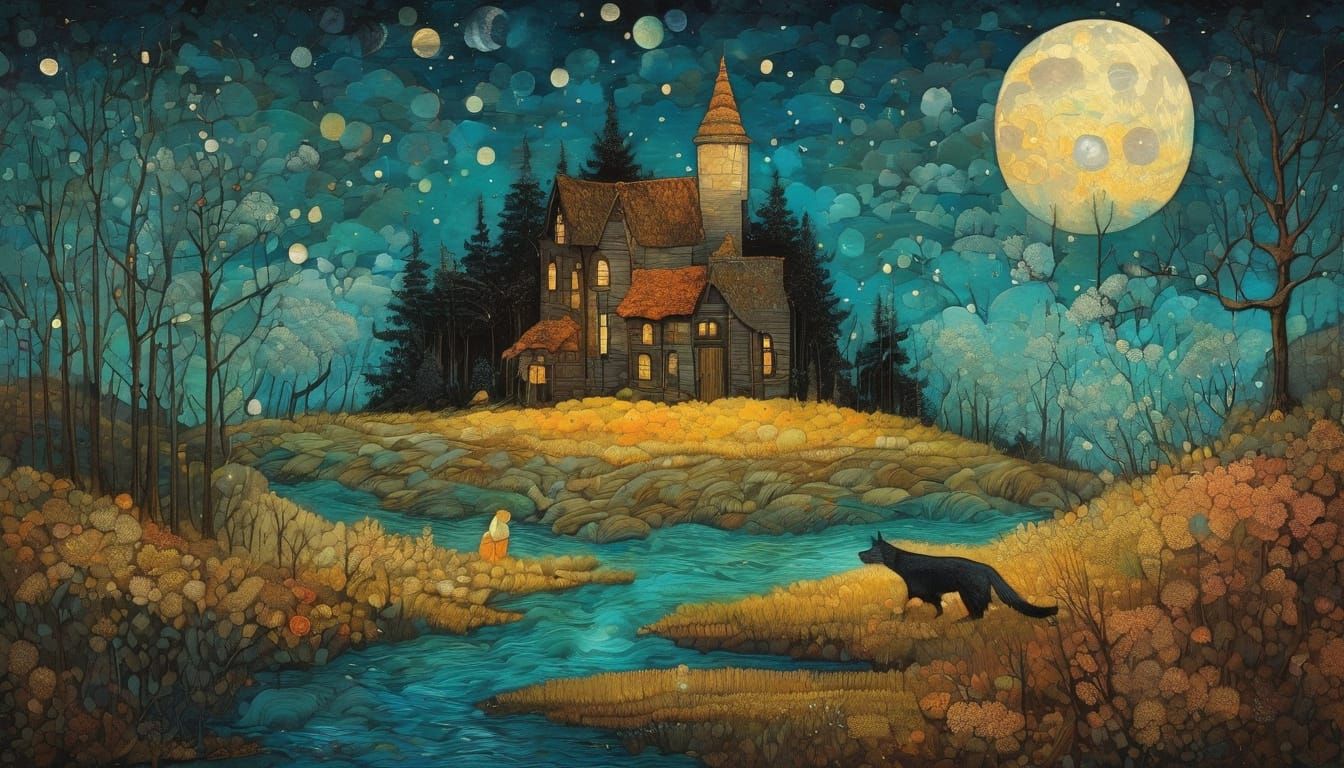 Whimsical Moonlit Dreamscape in Vintage-Inspired Aesthetic