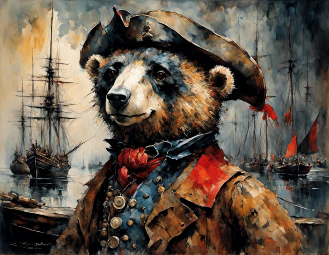 Teddy Bear Pirate Gouache Painting with Sailboats