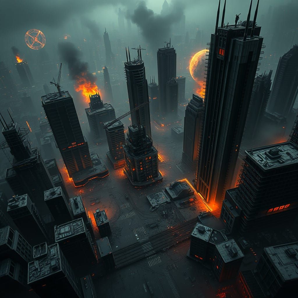 Cyberpunk Apocalypse in 3077: A Ravaged Cityscape