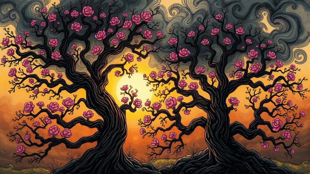 Trees Blooming into Ink Clouds, Digital Art