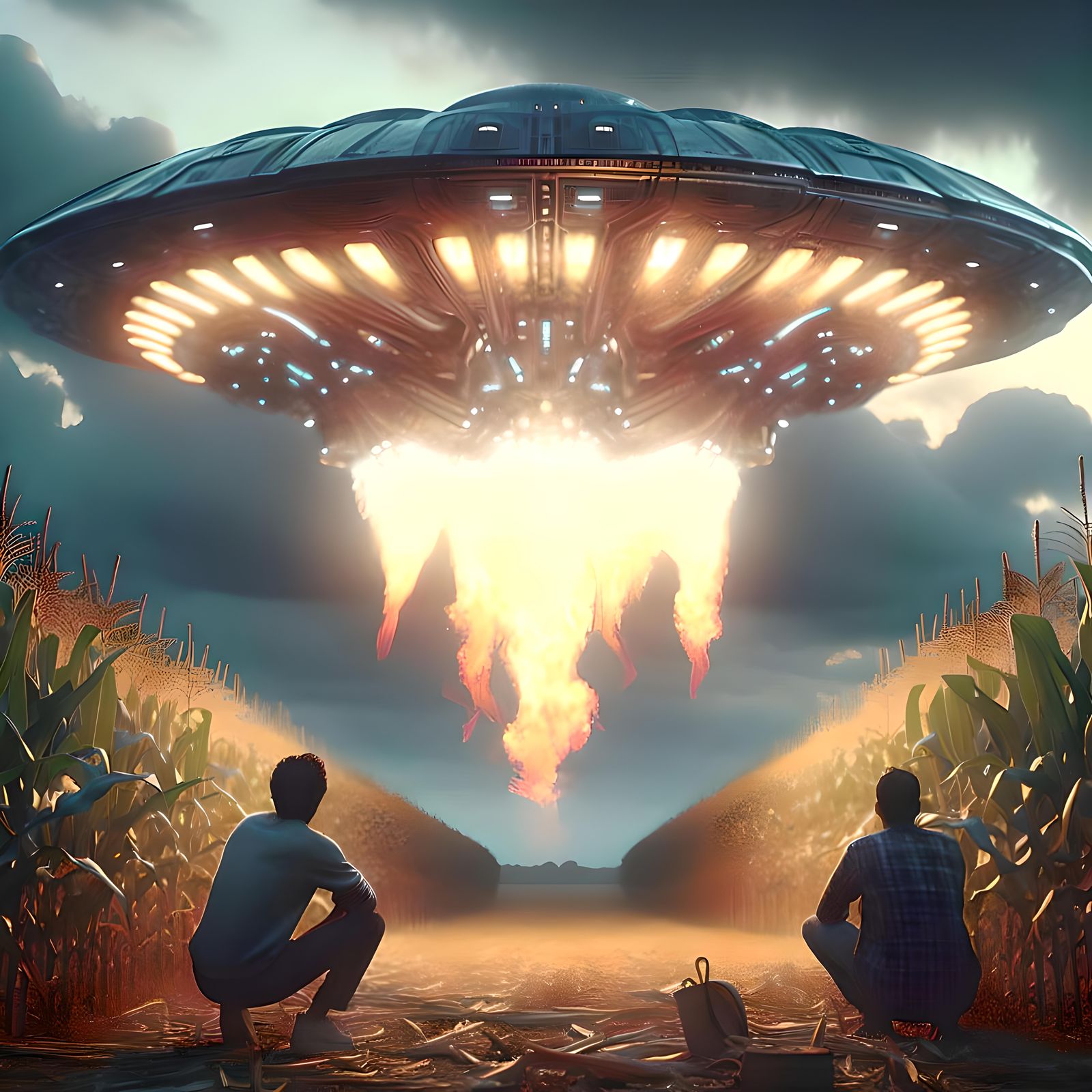 Alien Spaceship Launching from Field: Cinematic Image