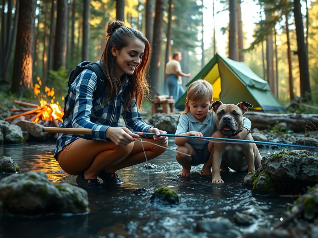 Mother Teaches Children Fishing with Dog in Forest