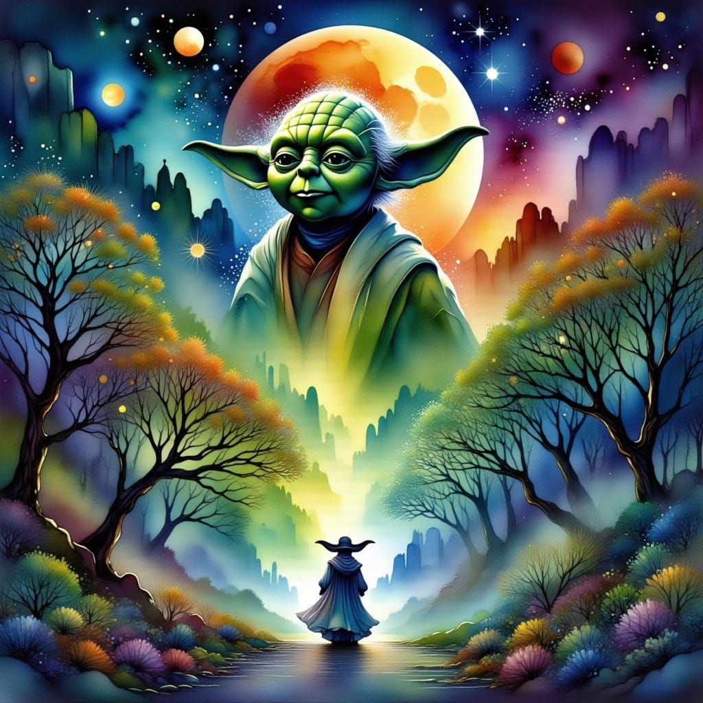 Surreal Watercolor Jungle Scene with X-wing and Celestial Bo...