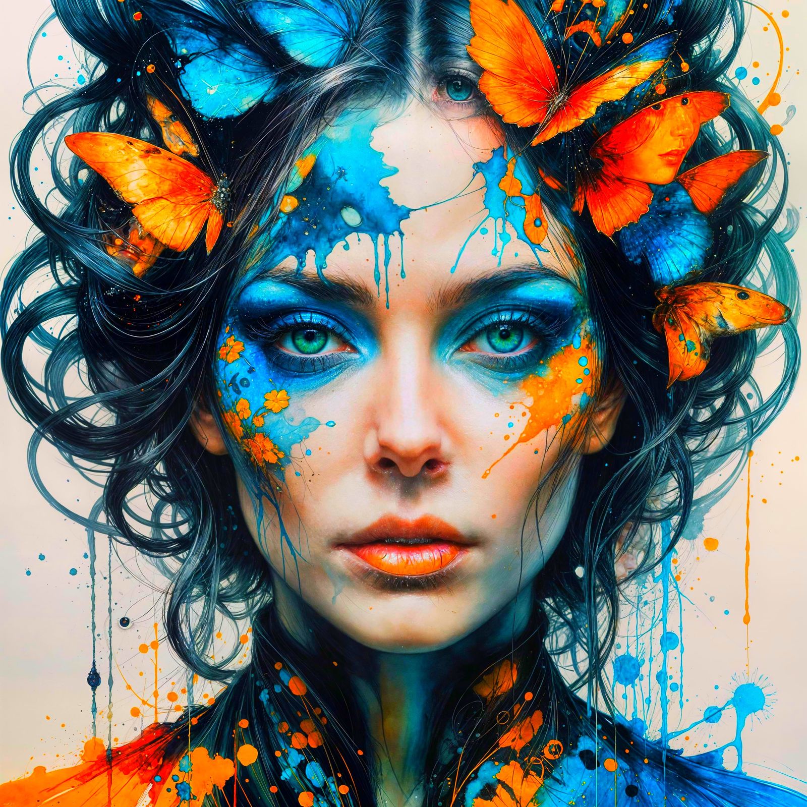 Female Portrait with Colorful Ink Flow in Gouache Style