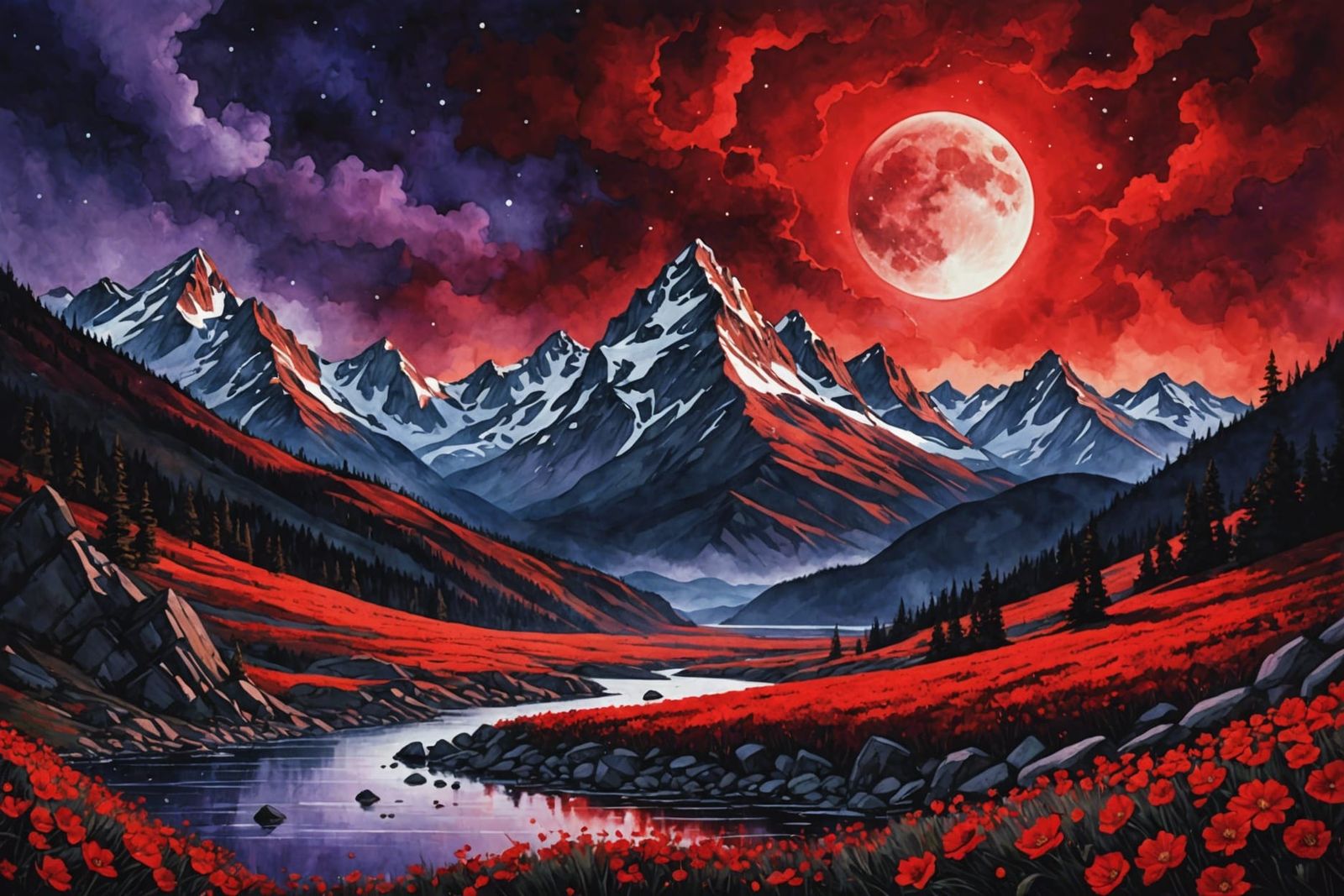 Vibrant Red Landscape with Crimson Moon Painting