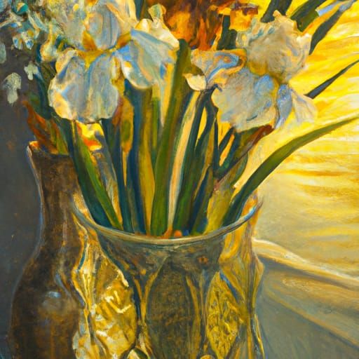 Crystal Vase with Flowers in Sunset, Fine Art