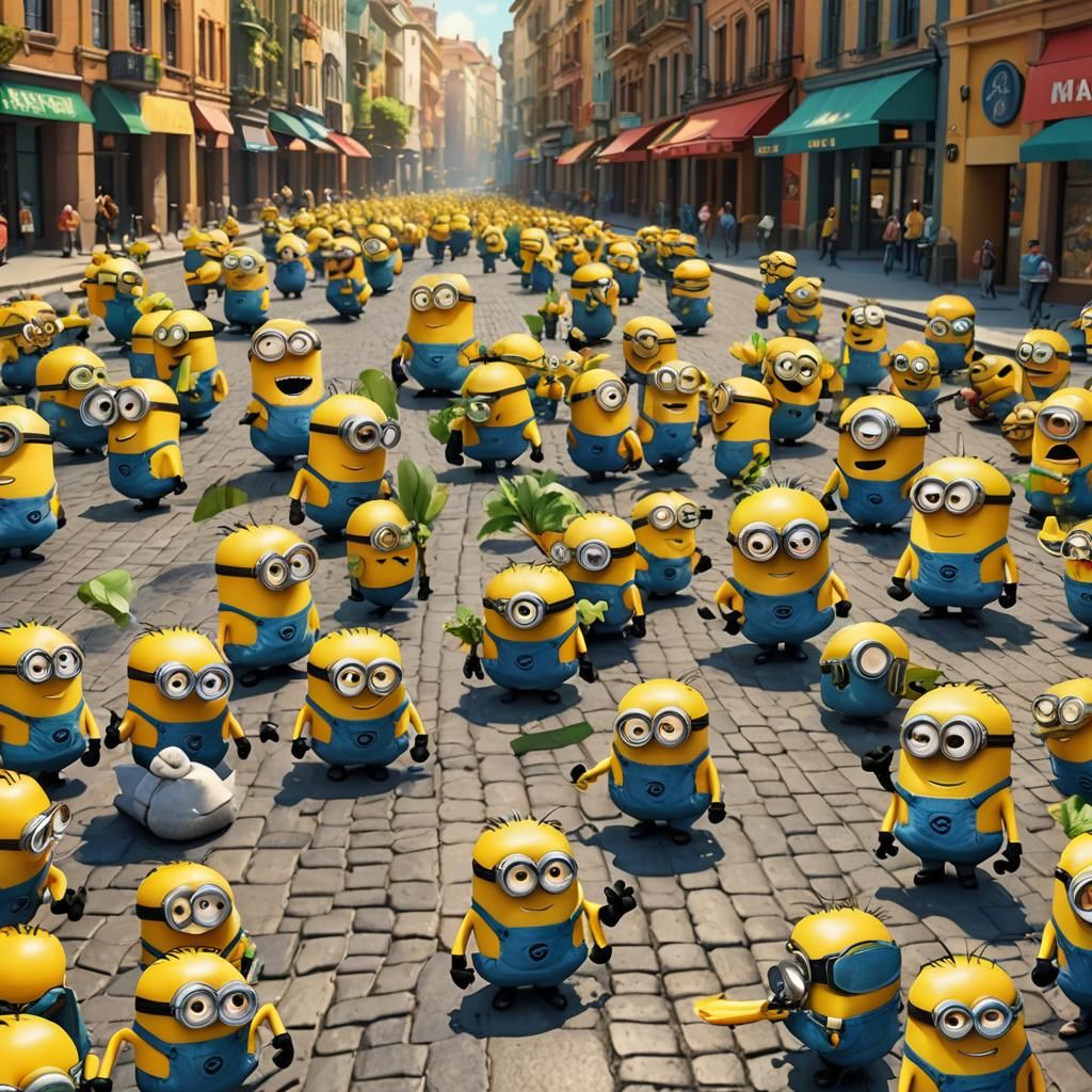 Minions in City Square: 3D Digital Art