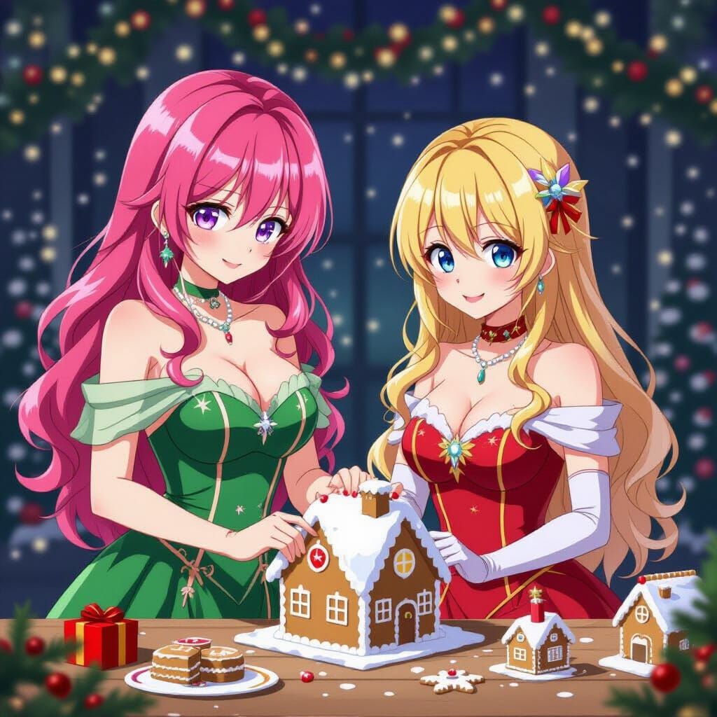 Anime Women Building Gingerbread Houses