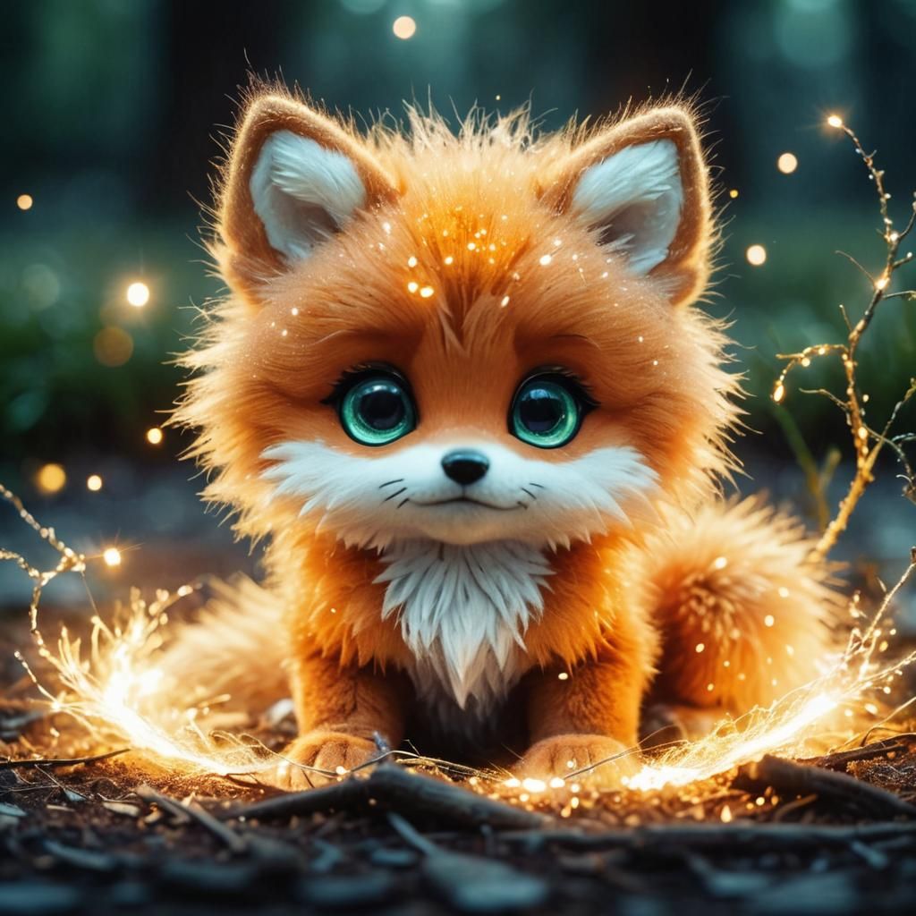 A digital artwork resembling a photograph of an adorable cute silver-grey chibi coyote sitting on the ground, looking di...