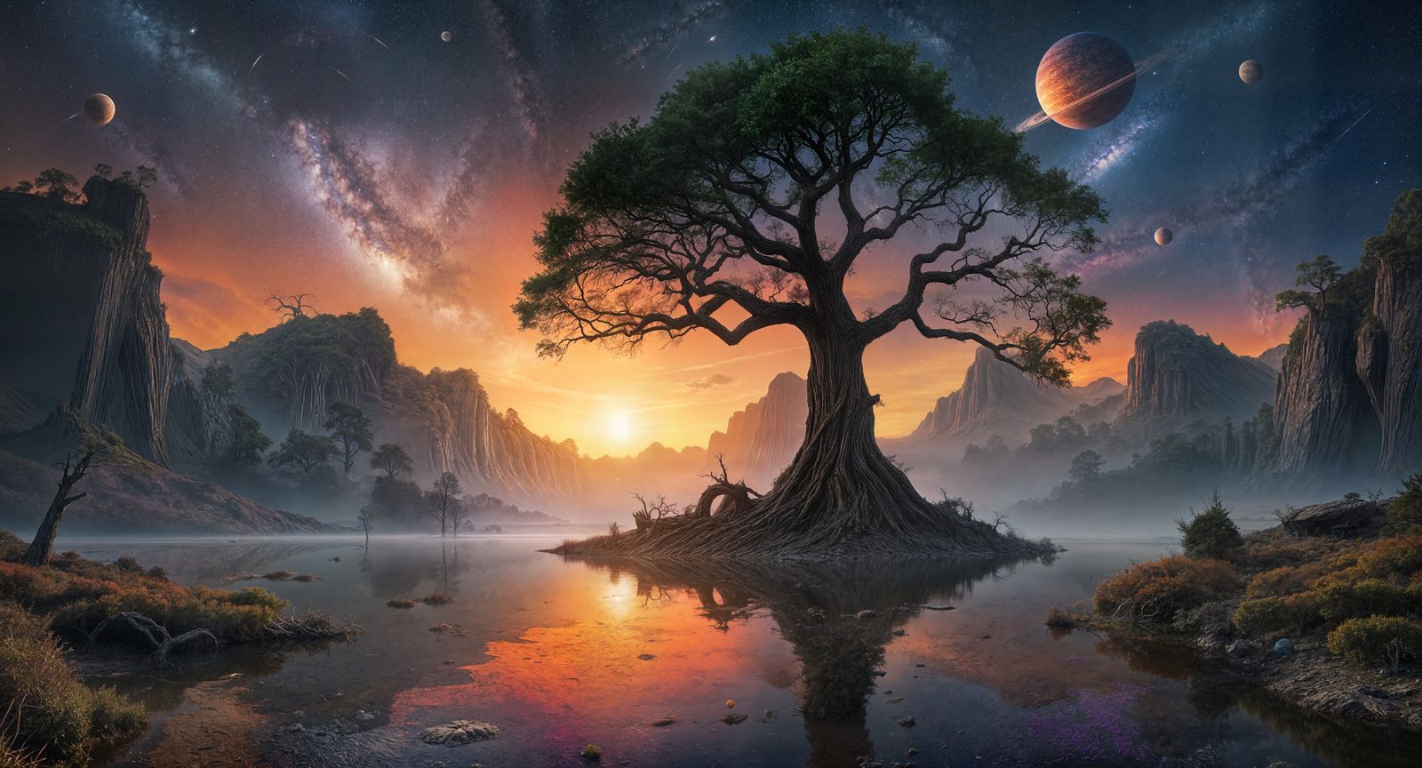 Alien Sky Over Desolate Wasteland with Lone Tree