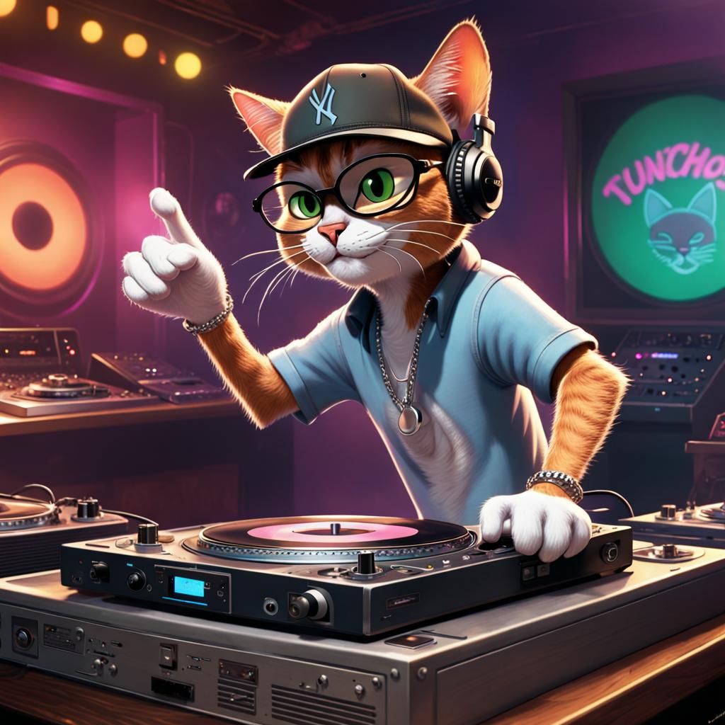 Hip Hop Cat DJ in Cartoon Style