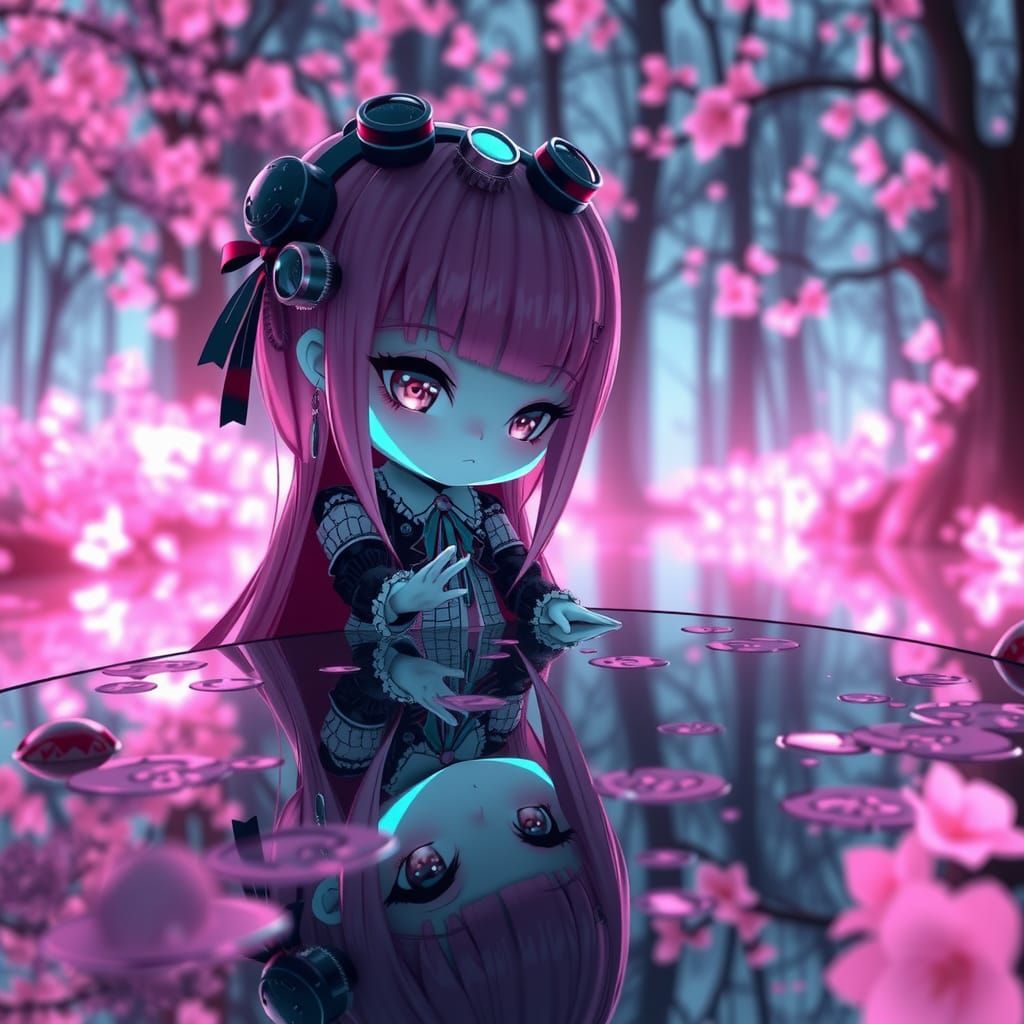 Bioluminescent Steampunk Wednesday Addams in Anime Style