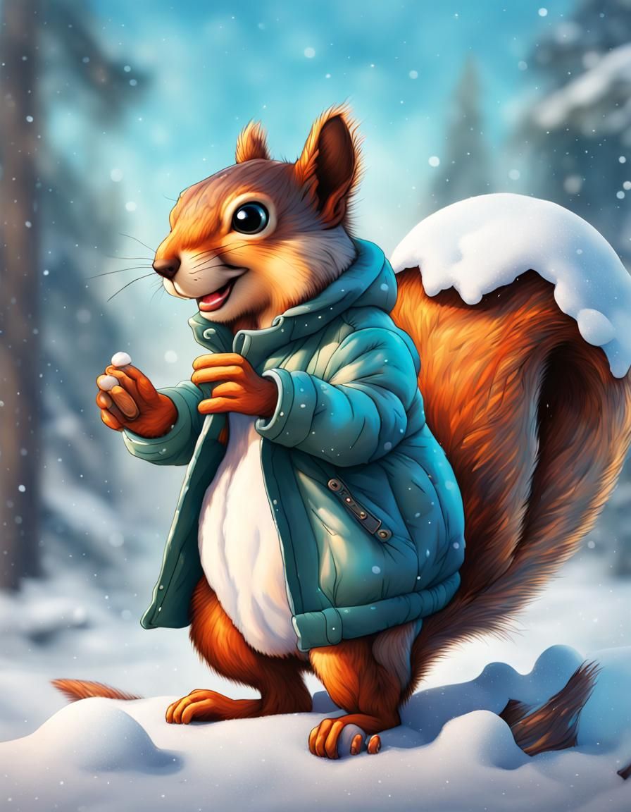 Squirrel Builds Snowman in Winter Coat Sticker